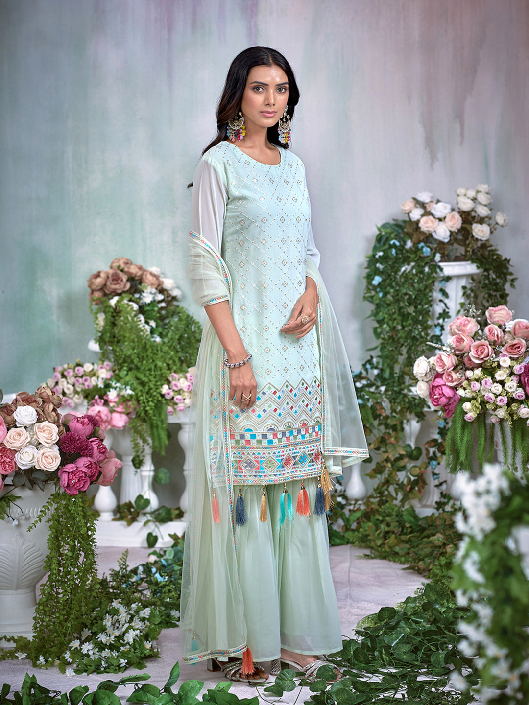 Light Green Georgette Embroidery & Sequence with Tasseled Kurta Sharara Sets with Dupatta