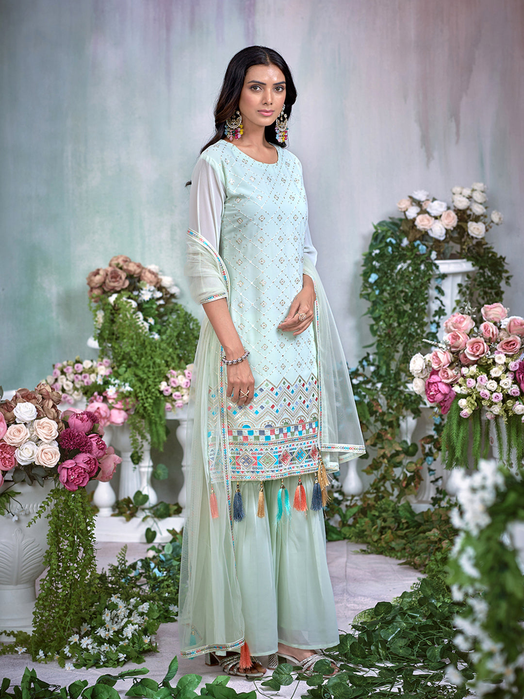 Pastel Green Embroidered Kurta with Sharara & Tassel Dupatta