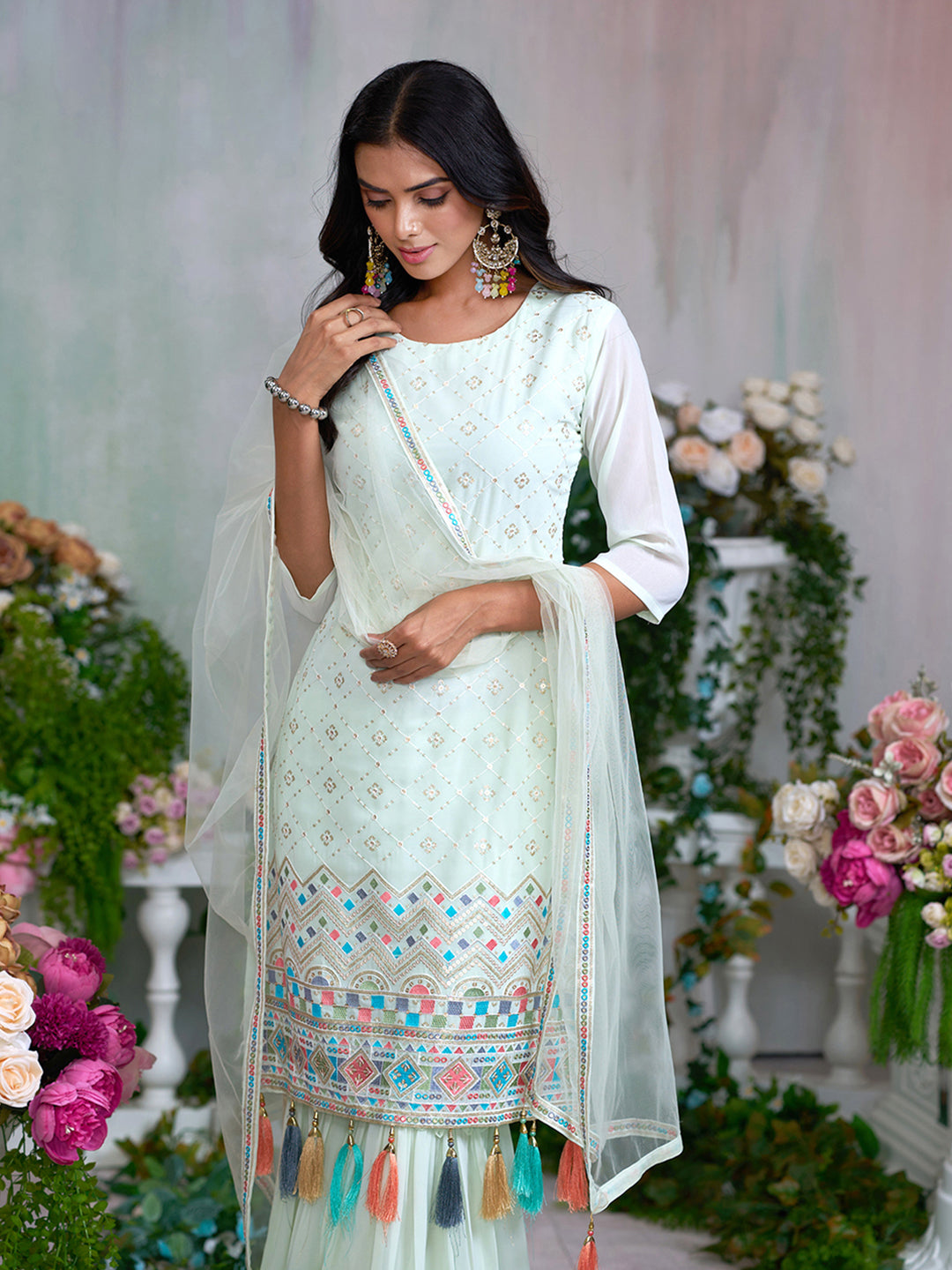 Light Green Georgette Embroidery & Sequence with Tasseled Kurta Sharara Sets with Dupatta