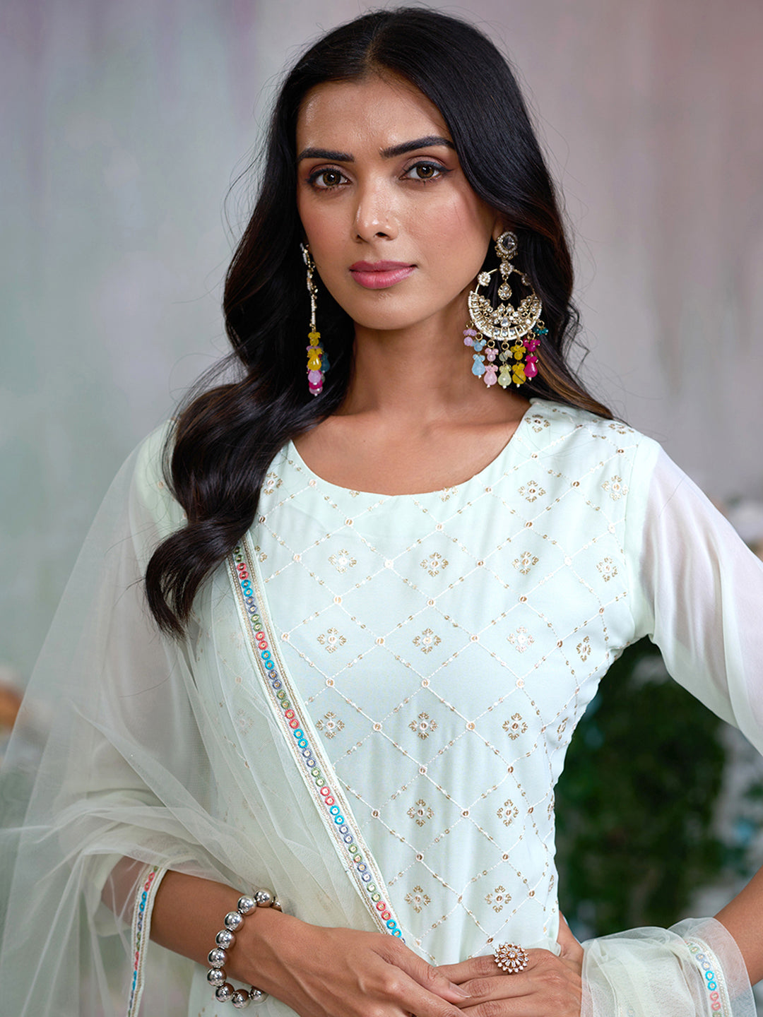 Light Green Georgette Embroidery & Sequence with Tasseled Kurta Sharara Sets with Dupatta