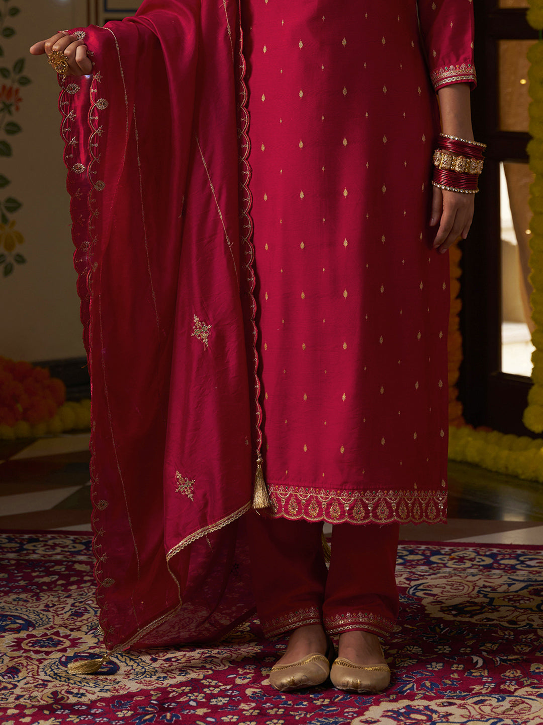 Red Silk Blend Zari Sequence Mirror Embroidery With Jacquard Work Kurta With Pant And Dupatta Set