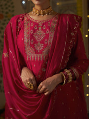 Red Silk Blend Zari Sequence Mirror Embroidery With Jacquard Work Kurta With Pant And Dupatta Set