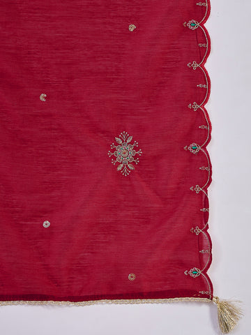 Red Silk Blend Zari Sequence Mirror Embroidery With Jacquard Work Kurta With Pant And Dupatta Set
