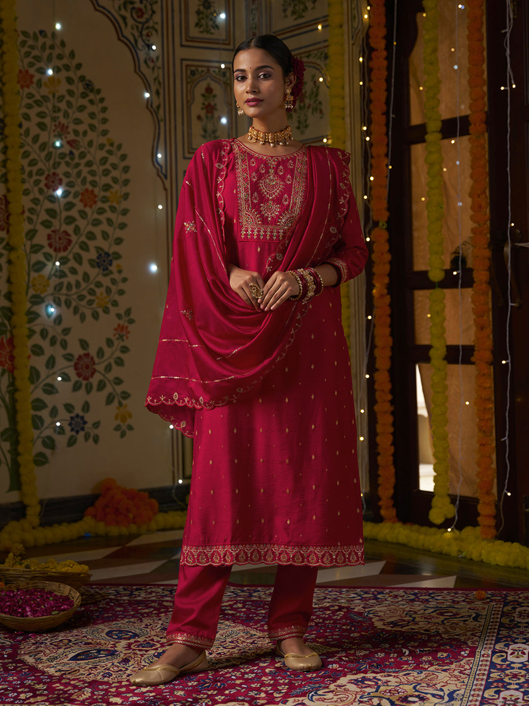 Red Silk Blend Zari Sequence Mirror Embroidery With Jacquard Work Kurta With Pant And Dupatta Set