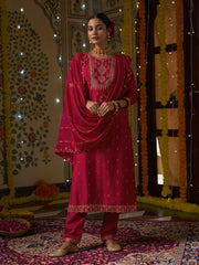Red Silk Blend Zari Sequence Mirror Embroidery With Jacquard Work Kurta With Pant And Dupatta Set