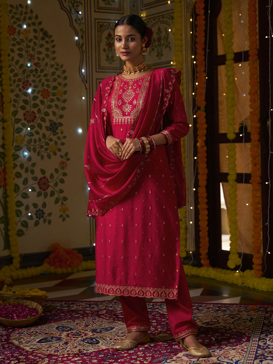 Red Silk Blend Zari Sequence Mirror Embroidery With Jacquard Work Kurta With Pant And Dupatta Set