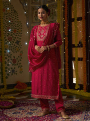 Red Silk Blend Zari Sequence Mirror Embroidery With Jacquard Work Kurta With Pant And Dupatta Set