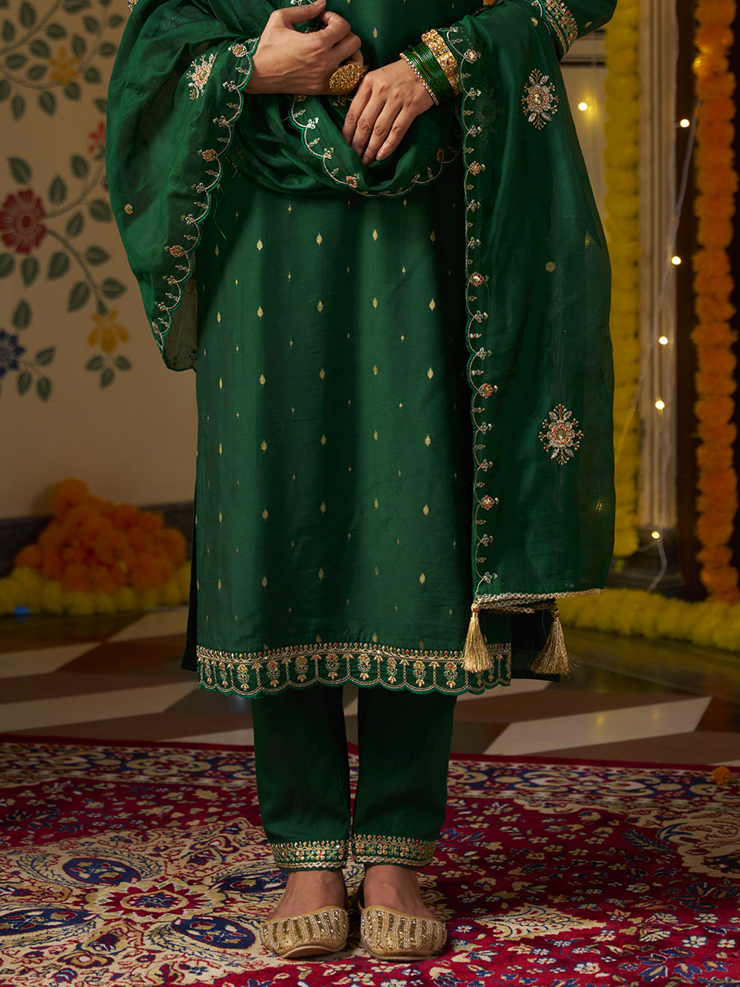 Deep Green Embroidered Kurta Set with Dupatta