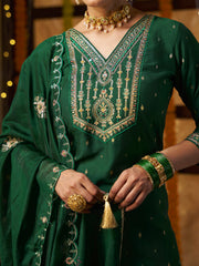 Deep Green Embroidered Kurta Set with Dupatta