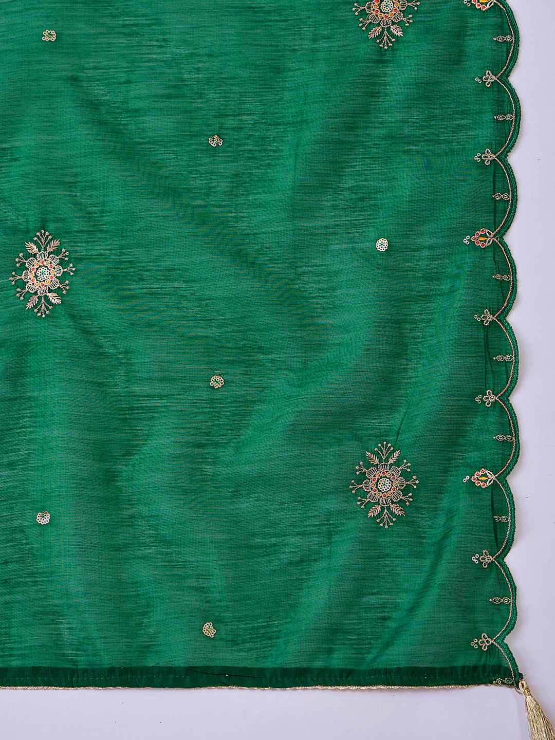 Green Silk Blend Zari Sequence Mirror Embroidery With Jacquard Work Kurta With Pant And Dupatta Set