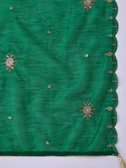 Green Silk Blend Zari Sequence Mirror Embroidery With Jacquard Work Kurta With Pant And Dupatta Set