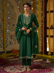 Deep Green Embroidered Kurta Set with Dupatta