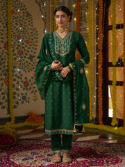 Green Silk Blend Zari Sequence Mirror Embroidery With Jacquard Work Kurta With Pant And Dupatta Set