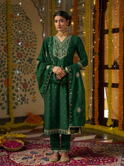 Green Silk Blend Zari Sequence Mirror Embroidery With Jacquard Work Kurta With Pant And Dupatta Set