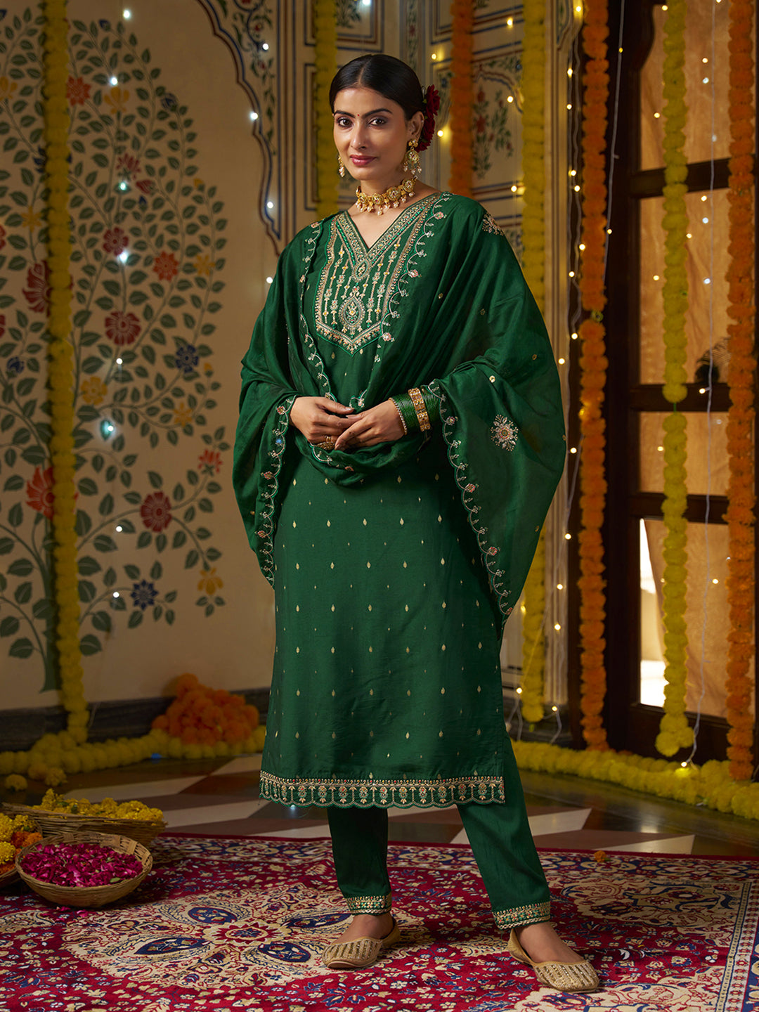 Green Silk Blend Zari Sequence Mirror Embroidery With Jacquard Work Kurta With Pant And Dupatta Set
