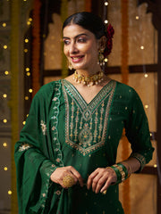 Deep Green Embroidered Kurta Set with Dupatta
