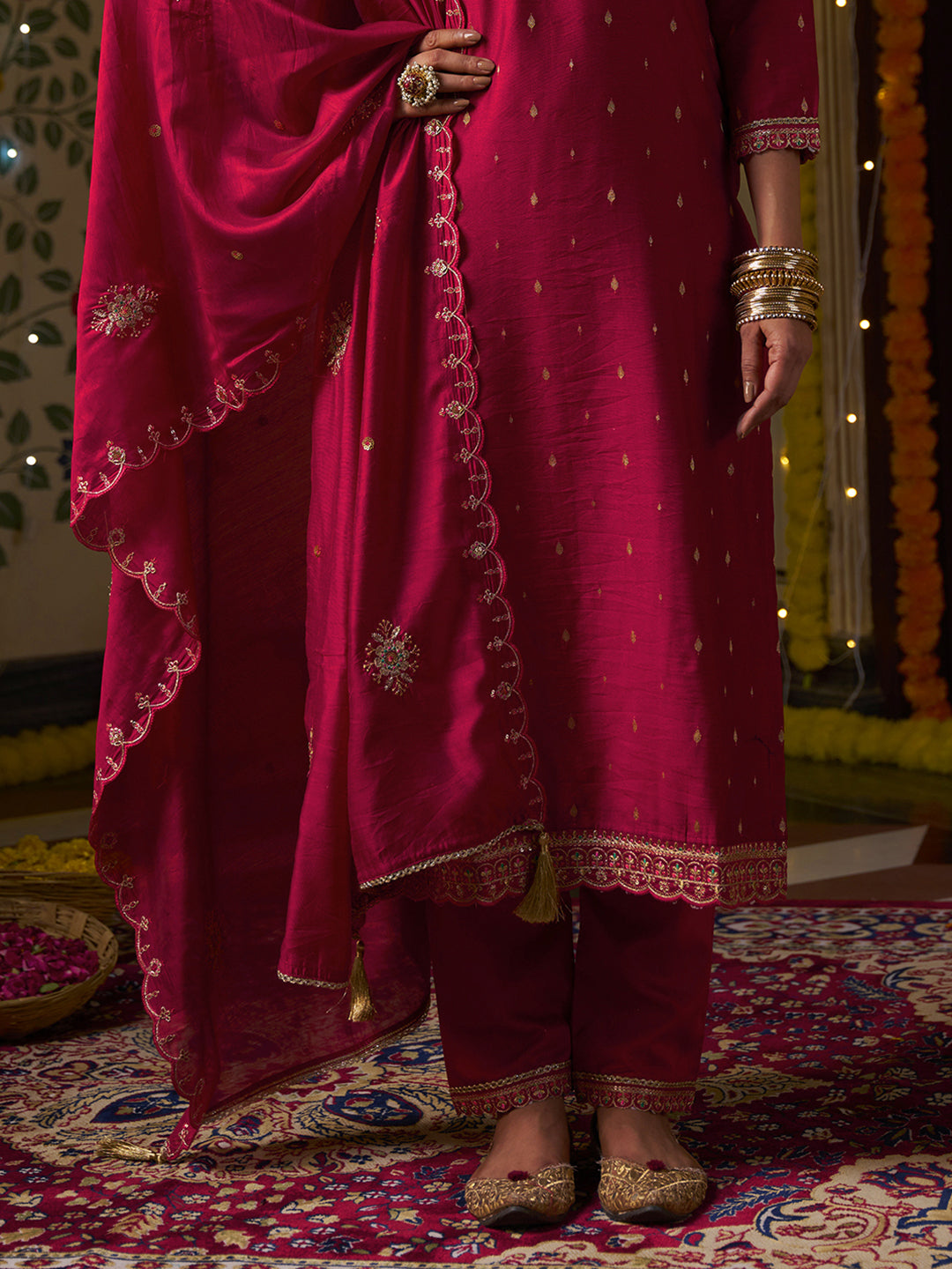 Pink Silk Blend Zari Sequence Mirror Embroidery With Jacquard Work Kurta With Pant And Dupatta Set