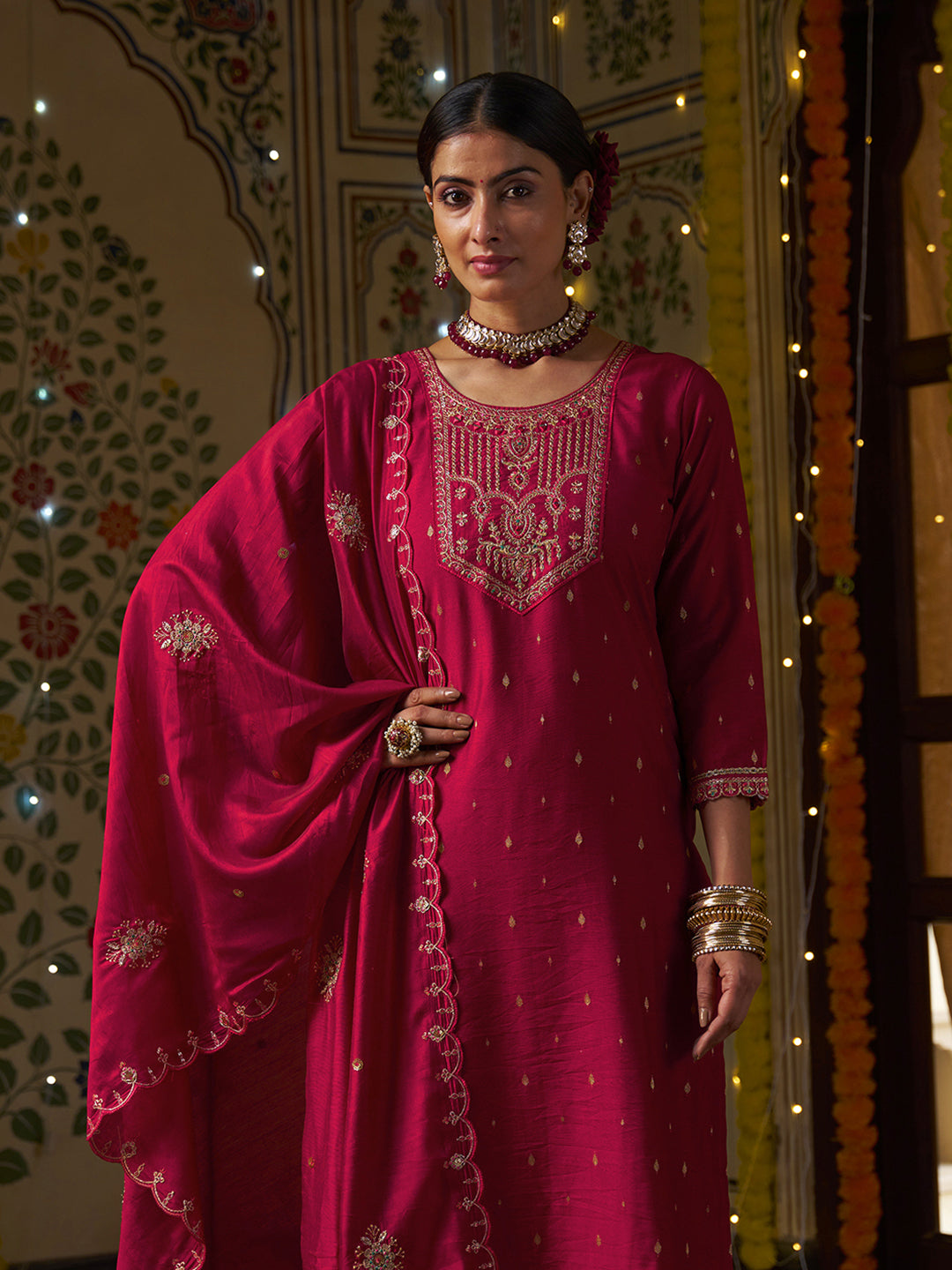 Pink Silk Blend Zari Sequence Mirror Embroidery With Jacquard Work Kurta With Pant And Dupatta Set