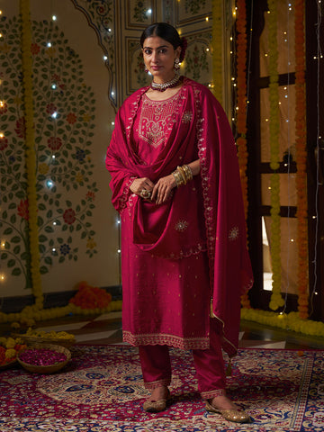 Pink Silk Blend Zari Sequence Mirror Embroidery With Jacquard Work Kurta With Pant And Dupatta Set