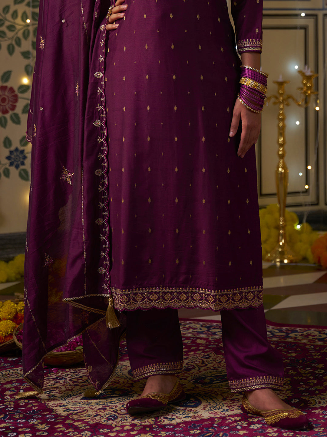Wine Silk Blend Zari Sequence Mirror Embroidery With Jacquard Work Kurta With Pant And Dupatta Set