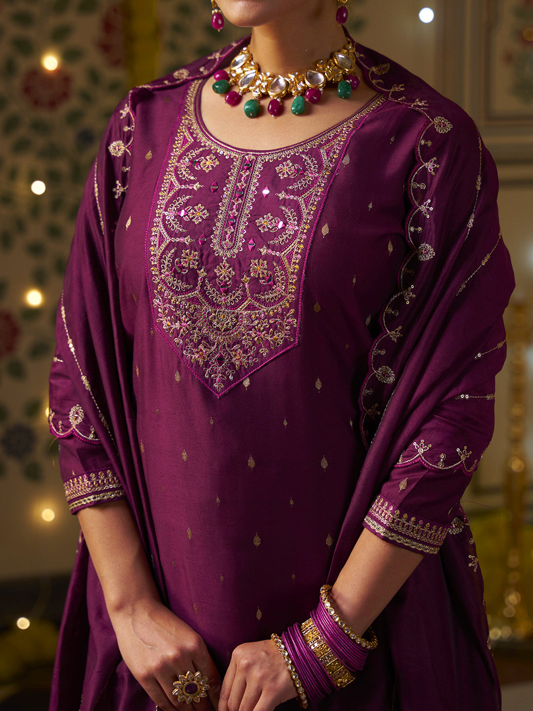 Purple Embroidered Kurta Set with Dupatta