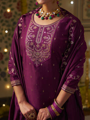 Wine Silk Blend Zari Sequence Mirror Embroidery With Jacquard Work Kurta With Pant And Dupatta Set