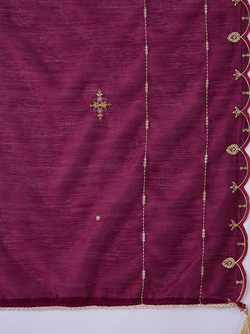 Wine Silk Blend Zari Sequence Mirror Embroidery With Jacquard Work Kurta With Pant And Dupatta Set