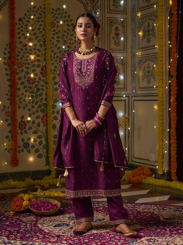 Wine Silk Blend Zari Sequence Mirror Embroidery With Jacquard Work Kurta With Pant And Dupatta Set