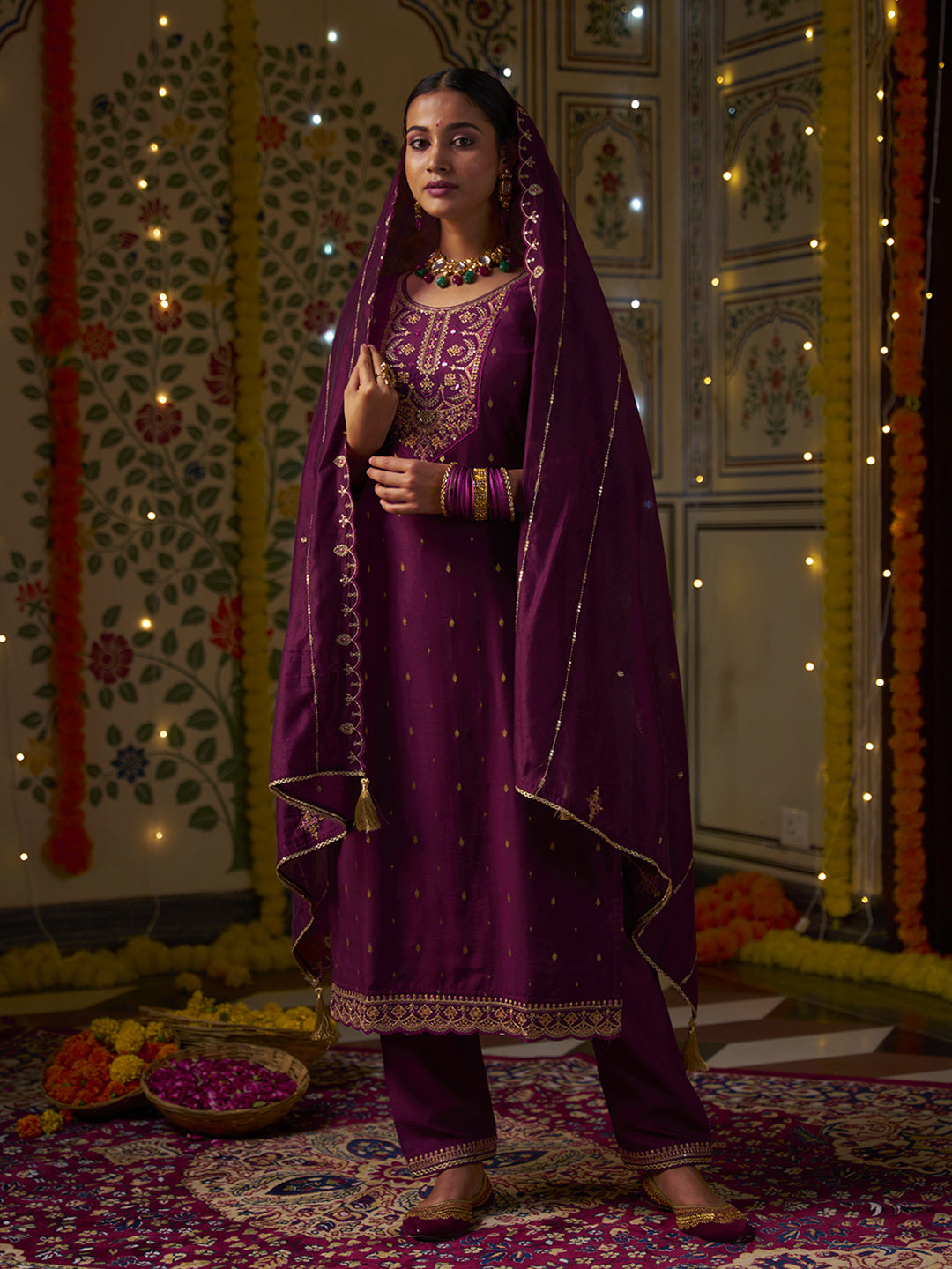 Wine Silk Blend Zari Sequence Mirror Embroidery With Jacquard Work Kurta With Pant And Dupatta Set