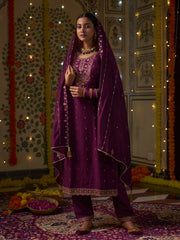 Purple Embroidered Kurta Set with Dupatta