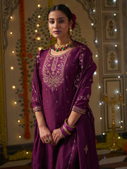 Wine Silk Blend Zari Sequence Mirror Embroidery With Jacquard Work Kurta With Pant And Dupatta Set