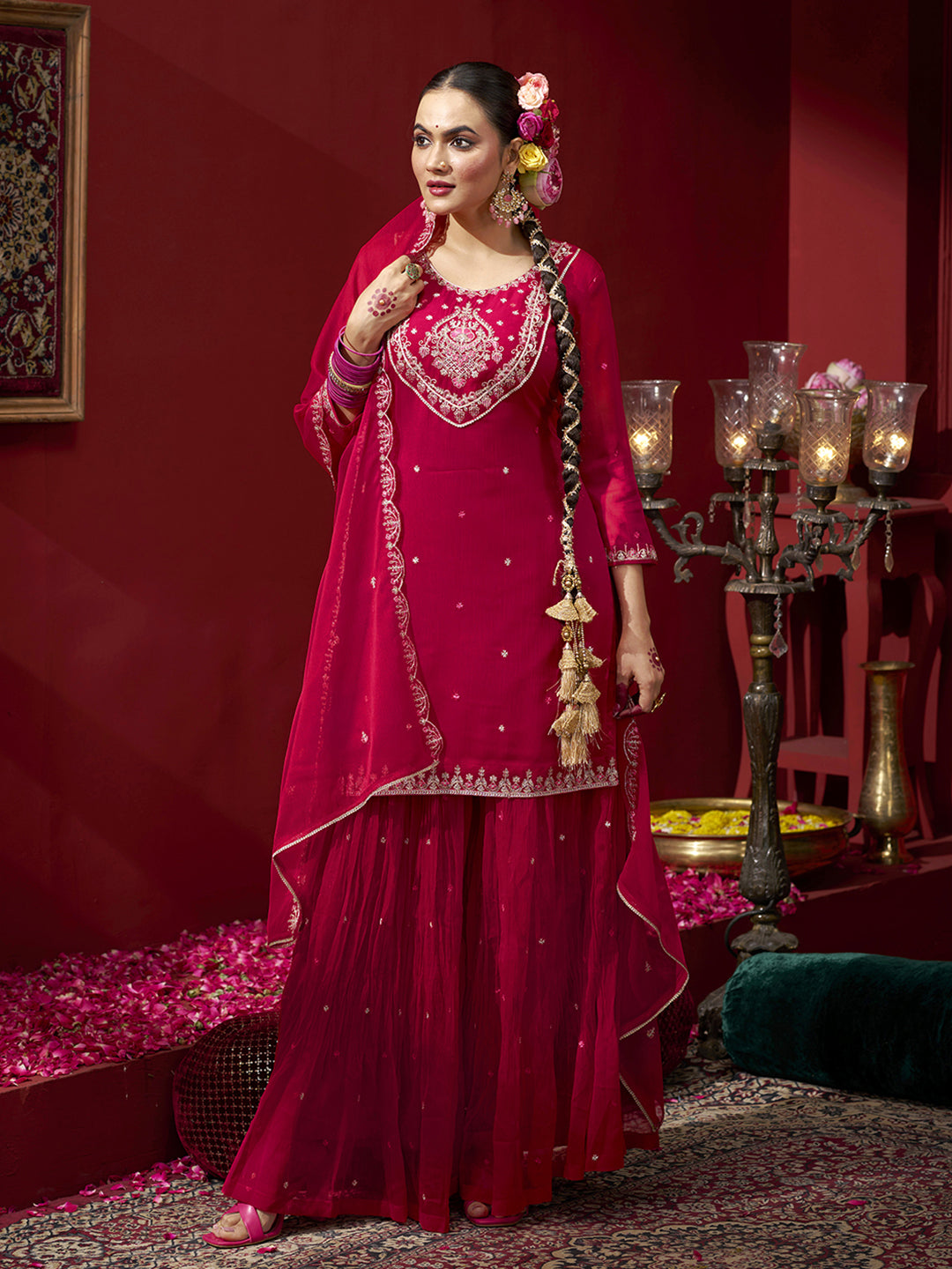 Pink Georgette Zari Sequence Embroidered Kurta with Palazzo and Dupatta Set