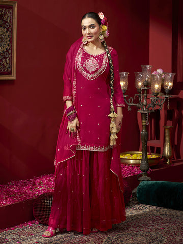 Pink Georgette Zari Sequence Embroidered Kurta with Palazzo and Dupatta Set