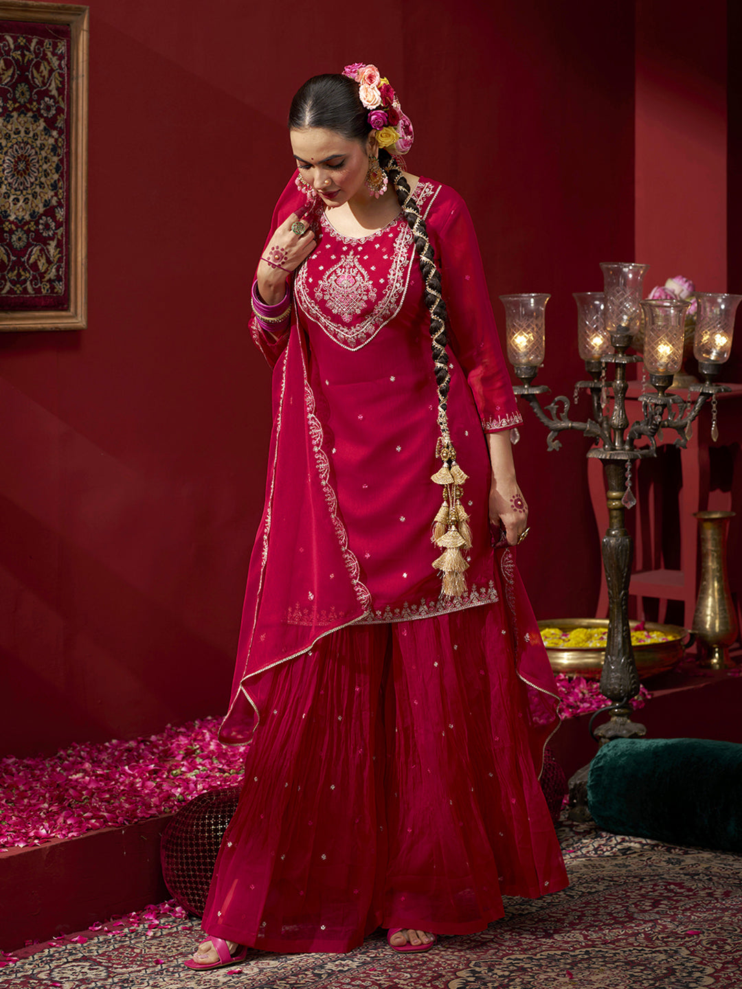 Pink Georgette Zari Sequence Embroidered Kurta with Palazzo and Dupatta Set