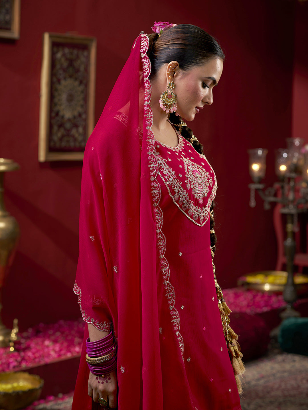 Pink Georgette Zari Sequence Embroidered Kurta with Palazzo and Dupatta Set