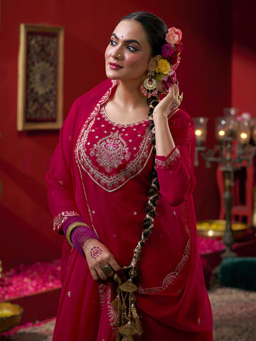 Pink Georgette Zari Sequence Embroidered Kurta with Palazzo and Dupatta Set