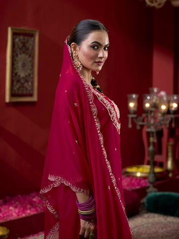 Pink Georgette Zari Sequence Embroidered Kurta with Palazzo and Dupatta Set
