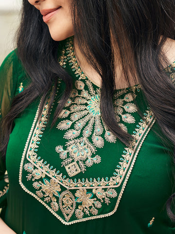 Green Georgette Zari Sequence Thread Embroidered Kurta With Palazzo And Dupatta Set
