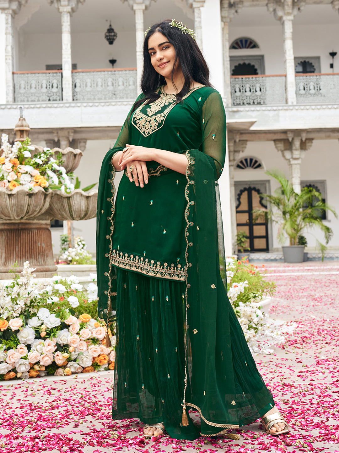 Green Georgette Zari Sequence Thread Embroidered Kurta With Palazzo And Dupatta Set
