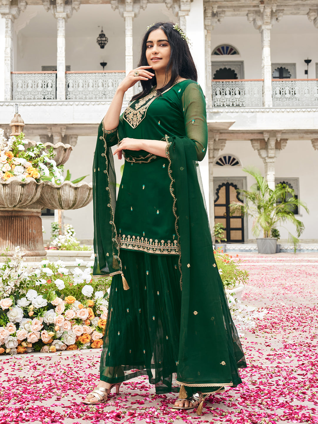 Green Georgette Zari Sequence Thread Embroidered Kurta With Palazzo And Dupatta Set