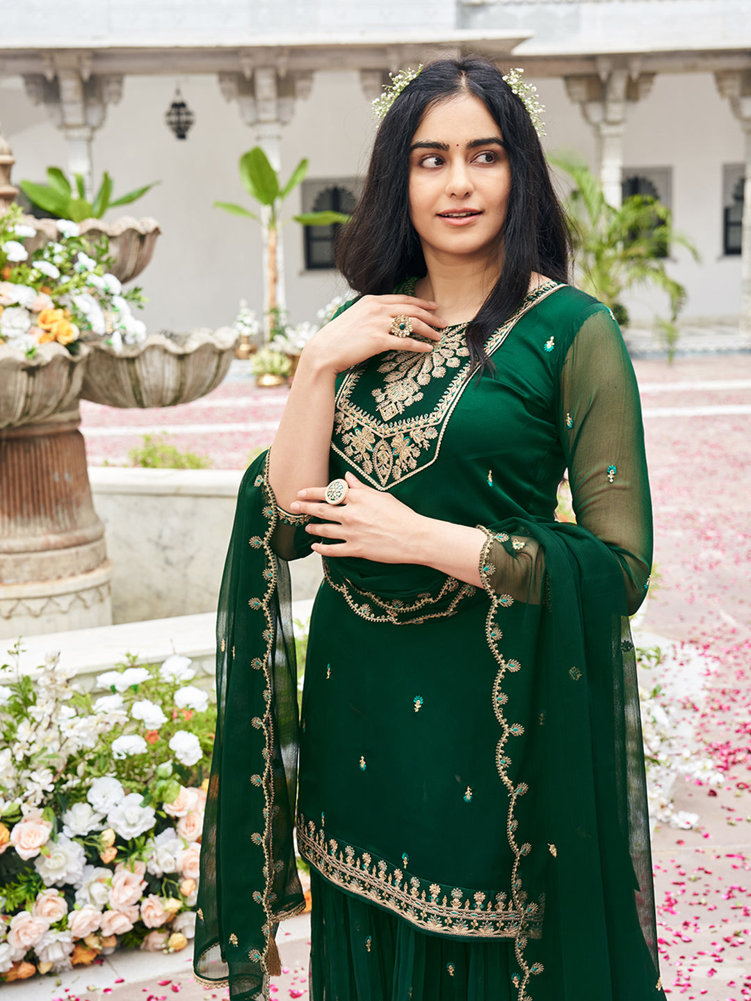 Green Georgette Zari Sequence Thread Embroidered Kurta With Palazzo And Dupatta Set
