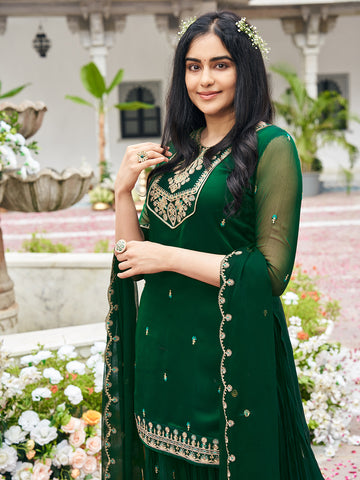 Green Georgette Zari Sequence Thread Embroidered Kurta With Palazzo And Dupatta Set