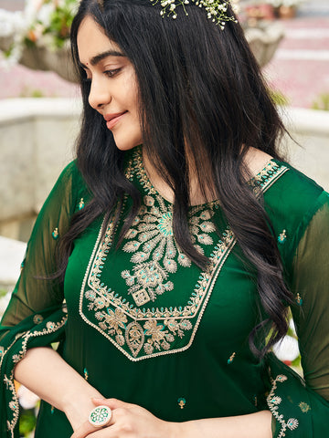 Green Georgette Zari Sequence Thread Embroidered Kurta With Palazzo And Dupatta Set