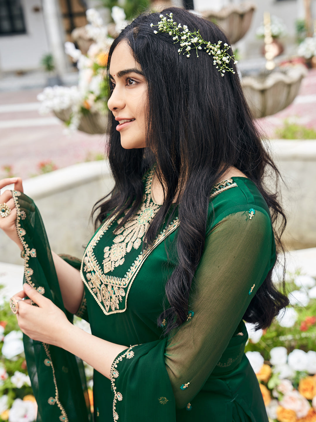 Green Georgette Zari Sequence Thread Embroidered Kurta With Palazzo And Dupatta Set