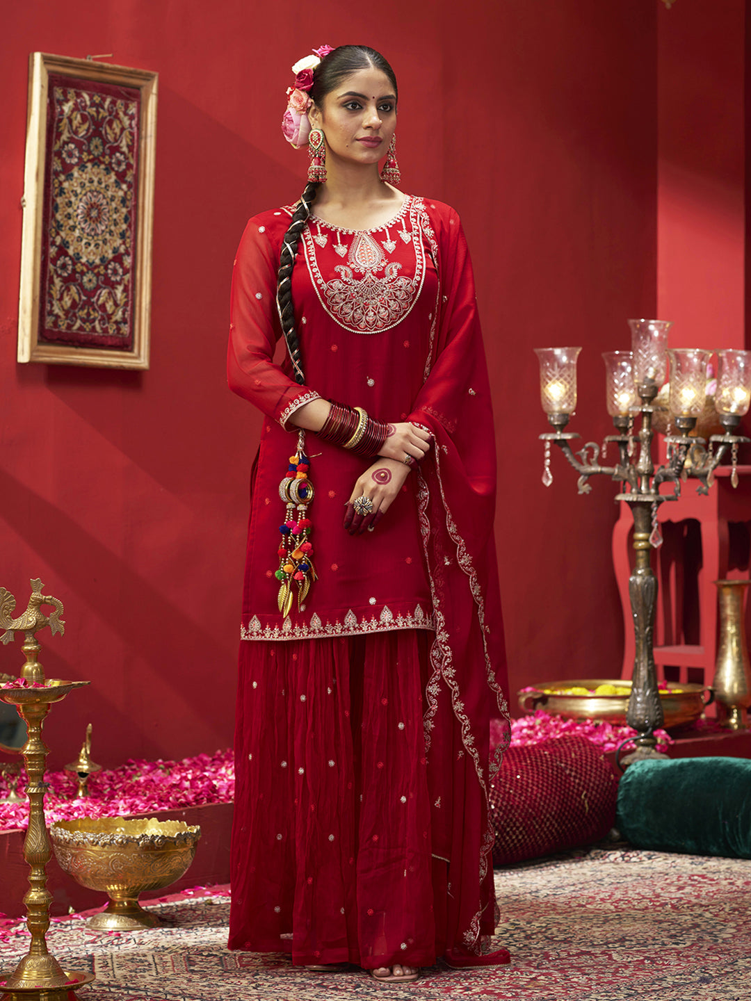 Red Embroidered Kurta Set with Dupatta & Plazzo