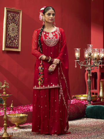 Red Georgette Zari Sequence Embroidered Kurta with Palazzo and Dupatta Set