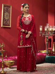 Red Georgette Zari Sequence Embroidered Kurta with Palazzo and Dupatta Set
