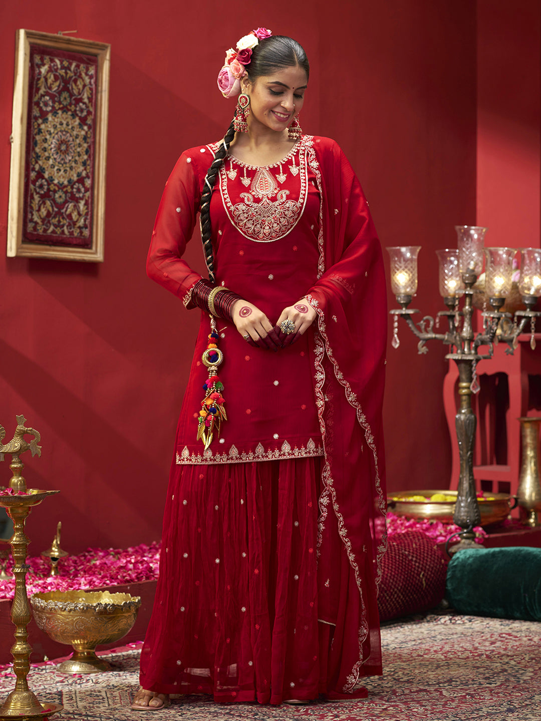 Red Georgette Zari Sequence Embroidered Kurta with Palazzo and Dupatta Set
