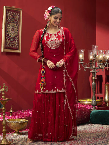 Red Embroidered Kurta Set with Dupatta & Plazzo