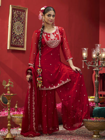 Red Georgette Zari Sequence Embroidered Kurta with Palazzo and Dupatta Set